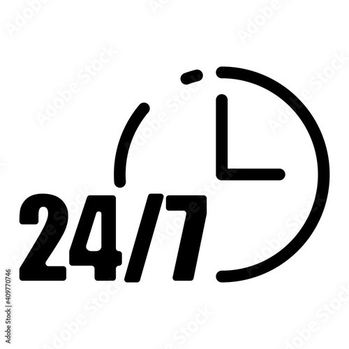 24 to 7 on white background. Customer support. Call center. Linear outline sign. Time icon vector. Stock image. EPS 10.