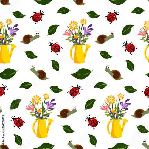 Yellow watering can with a bouquet of flowers, a snail and a ladybug. Spring or summer plot. Vector illustration isolated on white background. For decoration, wrapping paper, textiles and scrapbooking
