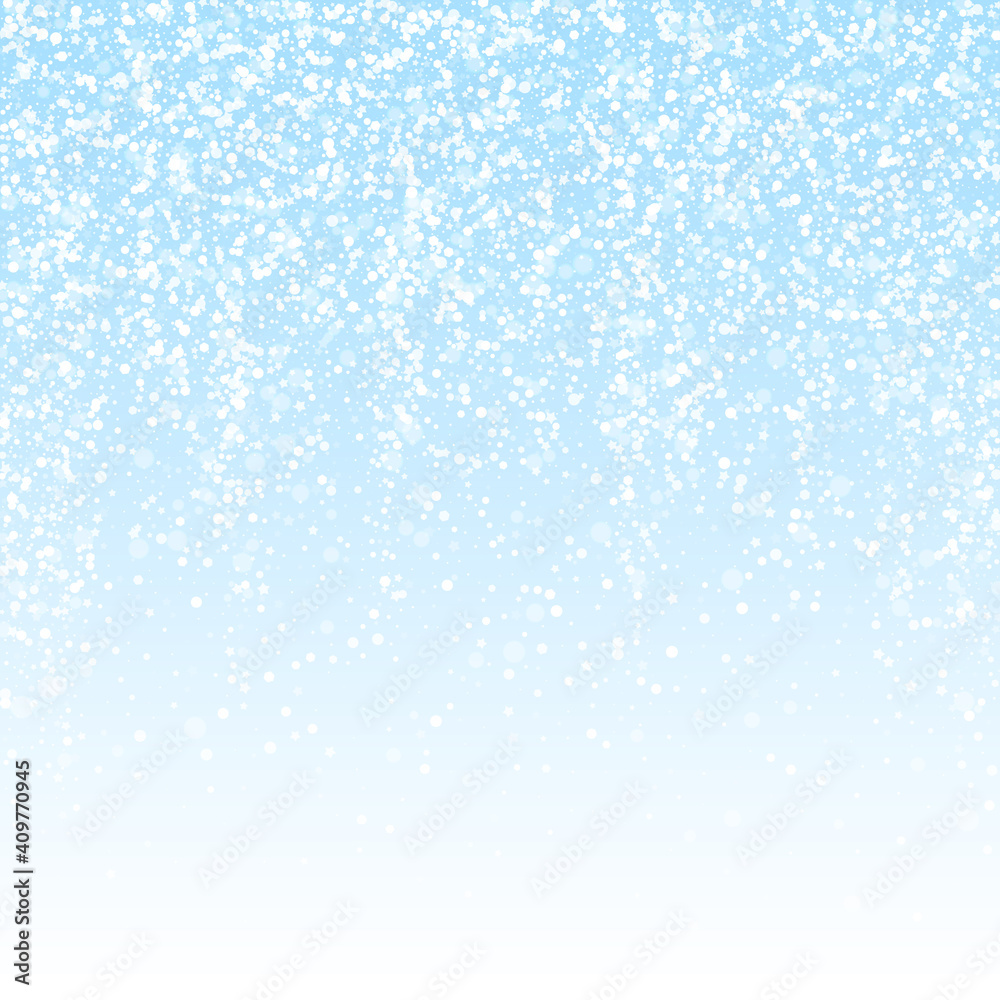 Magic stars Christmas background. Subtle flying snow flakes and stars on winter sky background. Beauteous winter silver snowflake overlay template. Lively vector illustration.