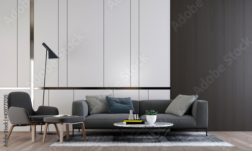 Modern cozy mock up design of living room interior have sofa,armchair and lamp with white pattern wall background, 3d render