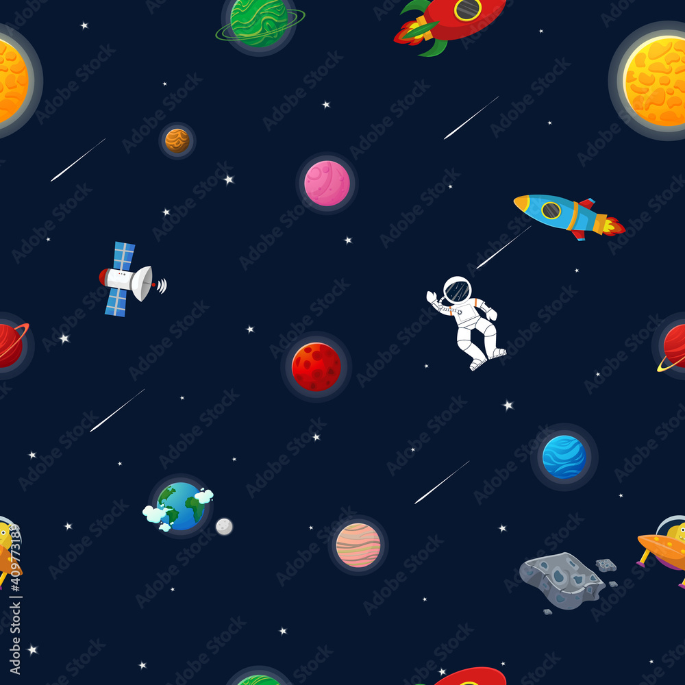 Flat cartoon style funny galaxy seamless. Flat cartoon style funny galaxy seamless.