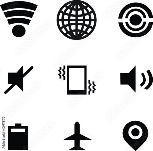 wifi icon, mobile data icon, personal hotspot icon, silent icon, vibrate icon, ring icon, battery icon, aeroplane icon and GPS icon of smartphone on white background
