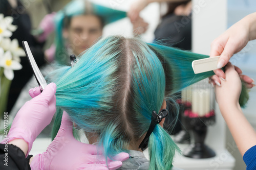 Two hairdressers combing customers hair before hair dyeing process. Back view of woman head with emerald hair color and regrown hair roots with natural color. Female sitting in beauty salon by mirror.