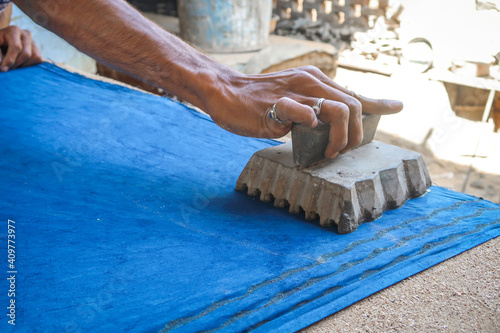 Wooden blocks for hand block printing at a factory in Bagru village, India.