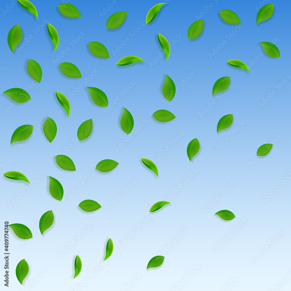 Falling green leaves. Fresh tea random leaves flying. Spring foliage dancing on blue sky background. Adorable summer overlay template. Optimal spring sale vector illustration. Falling green leaves. Fresh tea random leaves flying. Spring foliage dancing on blue sky background. Adorable summer overlay template. Optimal spring sale vector illustration.