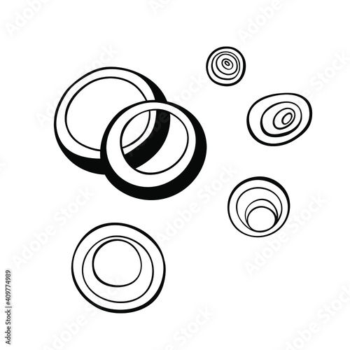 Onion rings isolated on white background. Top view. Vector sketch onion.