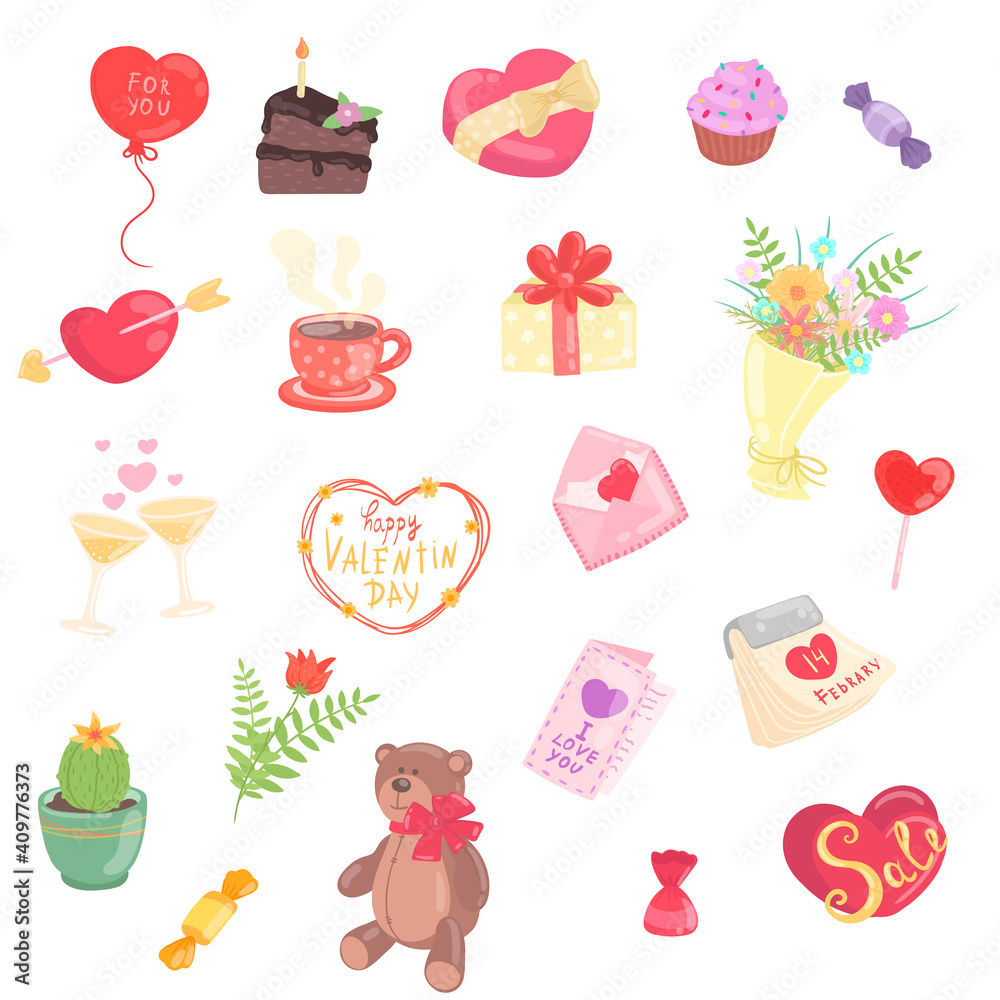 Vector set of elements for Valentine's Day. Gifts and sweets for decorating design or printing. Vector set of elements for Valentine's Day. Gifts and sweets for decorating design or printing.