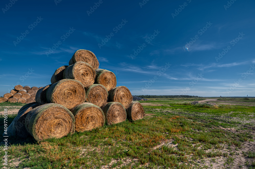 The straw bales are stacked in a large pile. The straw bales are stacked in a large pile.