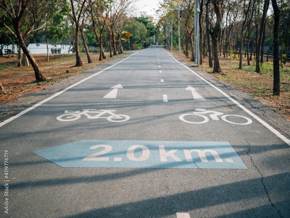 Obraz premium cycling path in the park. bicycle traffic sign painted on the floor