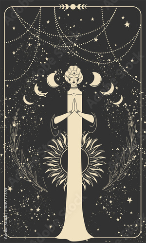 Mystical background with woman for astrology and horoscope, divine boho design. Lunar lady with sun and moon symbol, oriental style. Heavenly illustration with black background and gold hand drawing.