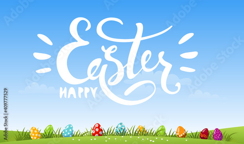 Colorful banner for the holiday. Happy Easter white lettering on a background of the spring sky, green meadow with decorated eggs. Cartoon vector illustration, modern design.