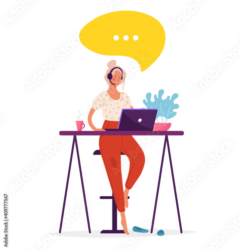 The woman works remotely from her home office. Podcast host girl with headphones and microphone. Freelancer concept, free life, self-employment. Flat vector illustration isolated on white background.