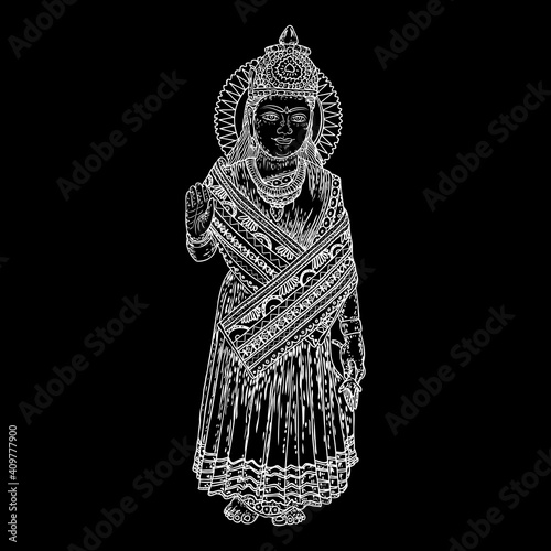 Devi Parvati classic traditional Hindu deity hand drawing. Vector.