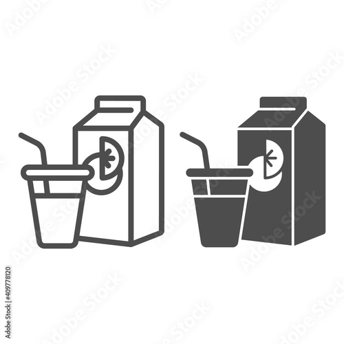Glass with straw and juice packaging line and solid icon, Diet concept, Fresh organic drink sign on white background, package of citrus juice and glass icon in outline style. Vector graphics.