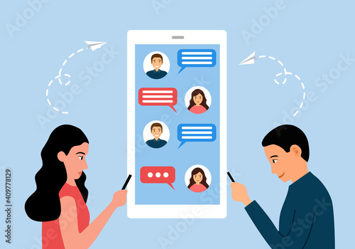 Man and woman sending message in mobile app. Long distance relationship between friends, loving couple or marriage husband and wife. Online chat on smartphone via internet	
