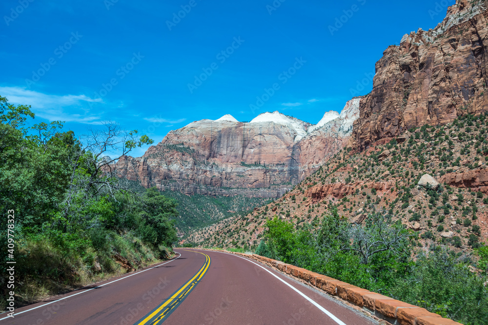 A long way down the road going to Zion National Park, Utah