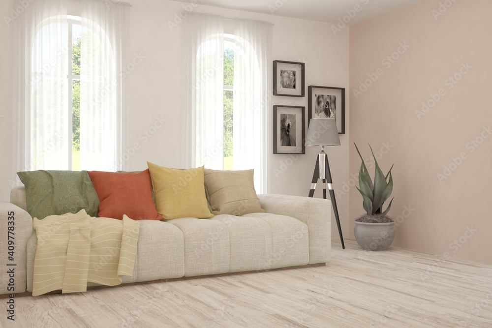 Fototapeta premium White living room with sofa. Scandinavian interior design. 3D illustration