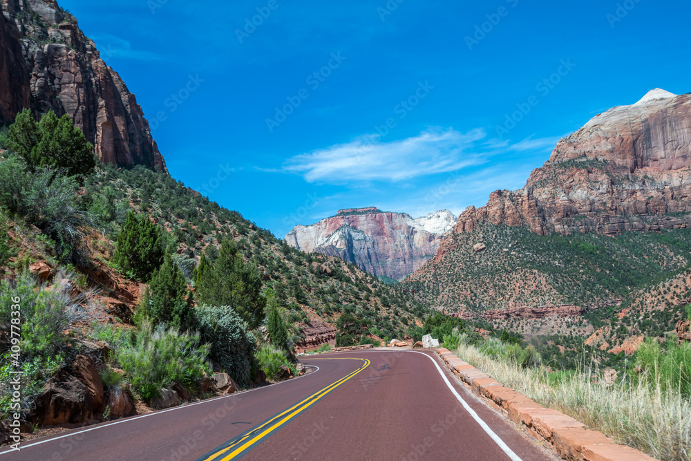 A long way down the road going to Zion National Park, Utah A long way down the road going to Zion National Park, Utah