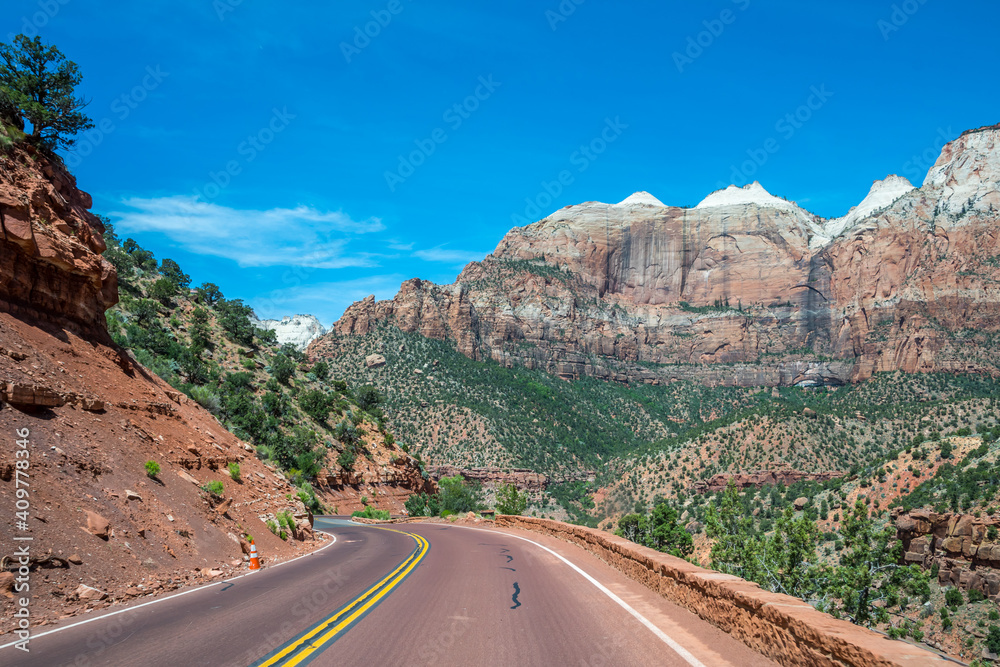 A long way down the road going to Zion National Park, Utah A long way down the road going to Zion National Park, Utah