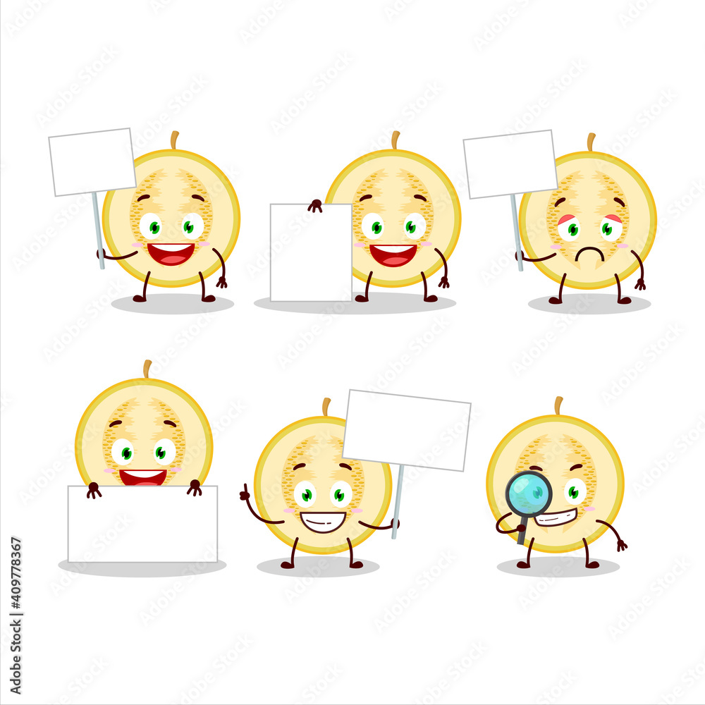 Slice of yellow melon cartoon character bring information board Slice of yellow melon cartoon character bring information board