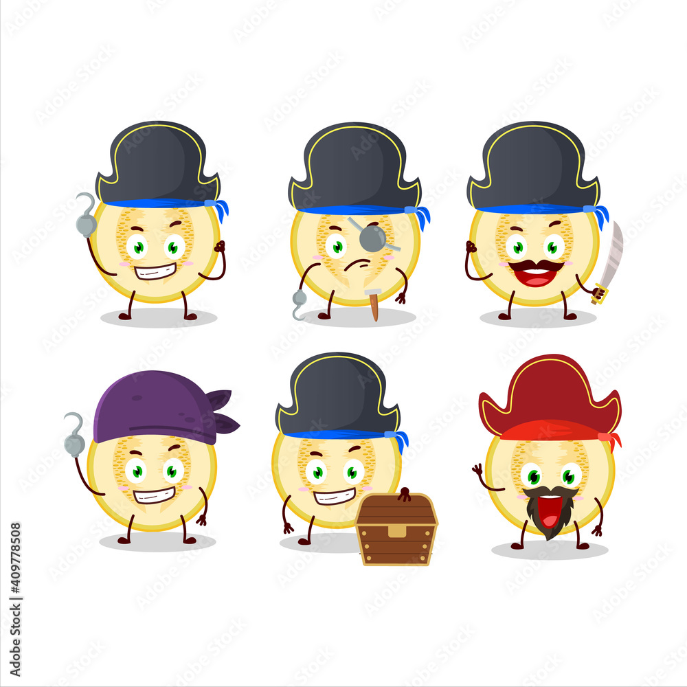 Cartoon character of slice of yellow melon with various pirates emoticons Cartoon character of slice of yellow melon with various pirates emoticons