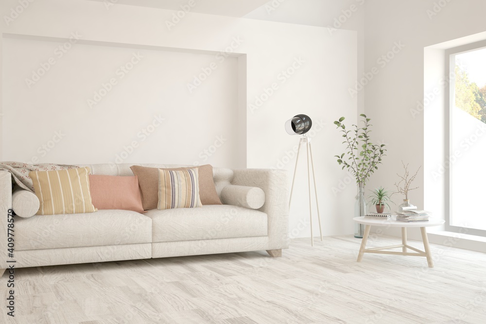 Fototapeta premium White living room with sofa. Scandinavian interior design. 3D illustration