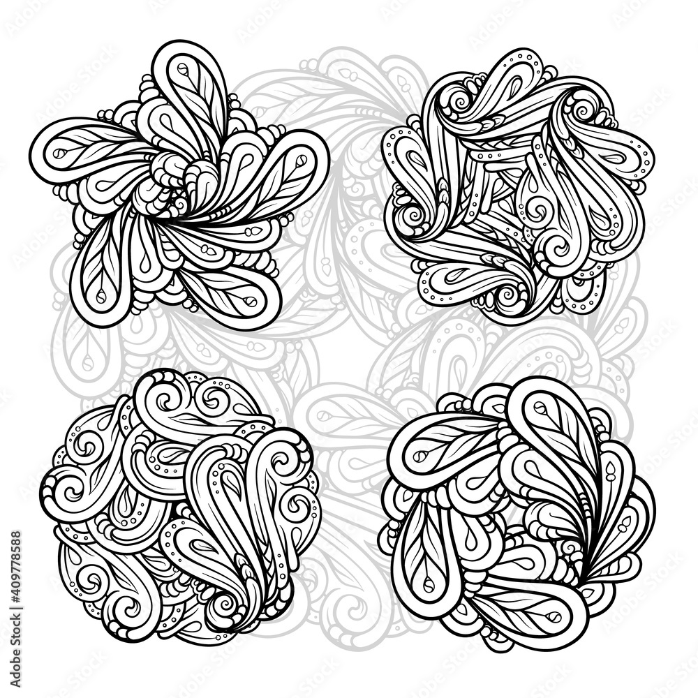 Black and white ethnic style floral mandalas set for antistress coloring. Abstract coloring page.