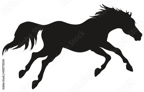 Running horse with long mane. Stallion lowered its head and gallops with legs stretched out. Vector black silhouette for equestrian goods.