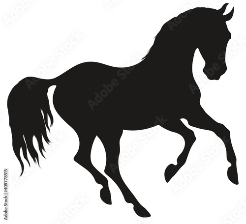 Black silhouette of a galloping horse. Stallion pricked up its ears. Vector emblem for equestrian design.