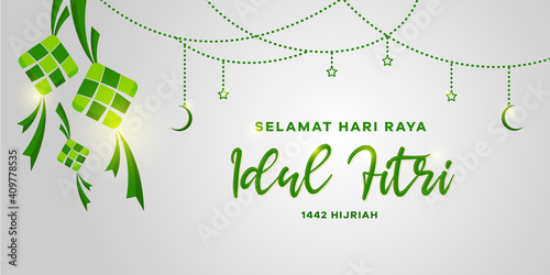 creative greeting card design with crescent moon and stars of selamat hari raya aidil fitri. Eid mubarak greeting card design.
