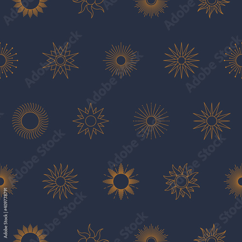 Boho Golden Sun Seamless Pattern in Minimal Liner Style. Vector Blue Background for Fabric print, Cover, Wrapping