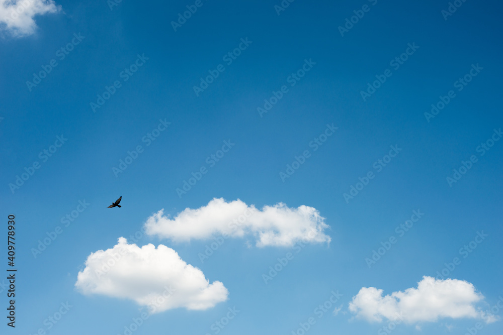 Blue sky over horizon and white clouds.