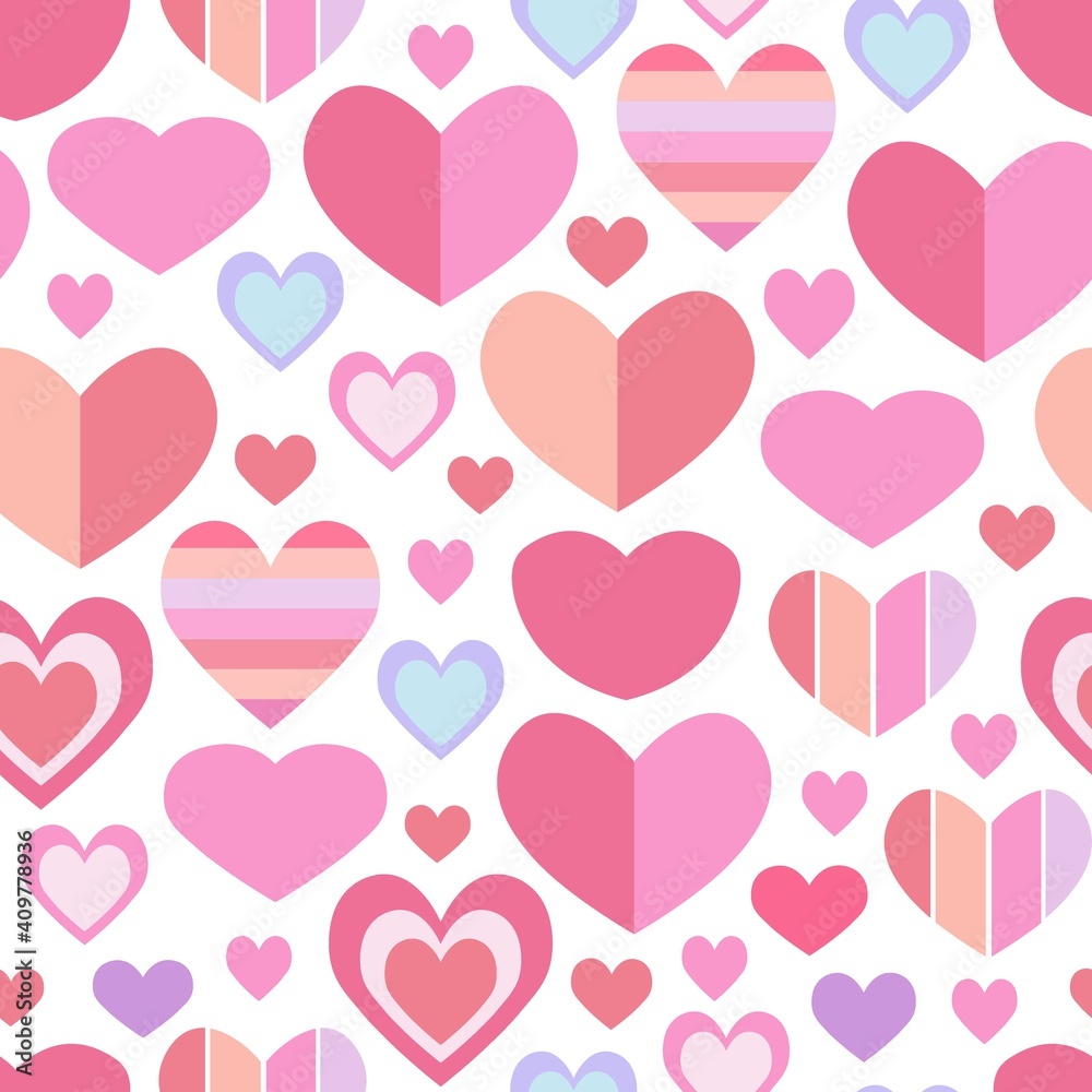 Vector seamless pattern of hearts. Bright collection of hearts for Valentine's Day. Red and pink hearts. For packaging design, wallpaper, festive printing, postcards, invitations