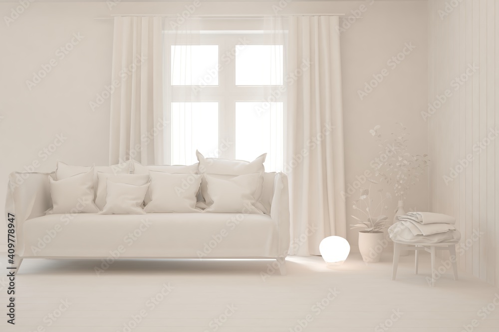 White minimalist living room with sofa. Scandinavian interior design. 3D illustration White minimalist living room with sofa. Scandinavian interior design. 3D illustration
