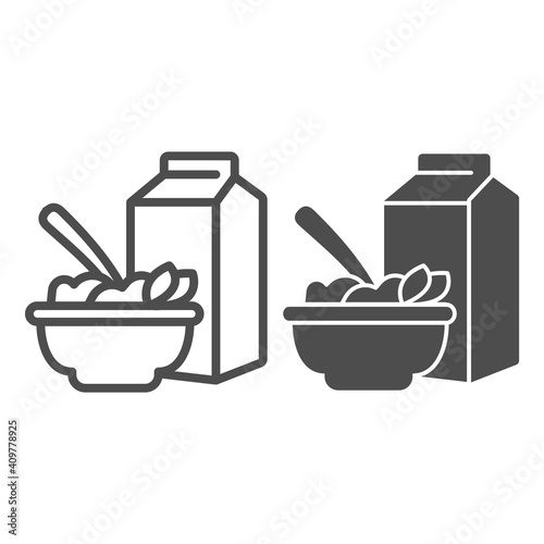 Porridge and milk packaging line and solid icon, Diet concept, breakfast cornflakes sign on white background, box and bowl with cereal icon in outline style for mobile and web design. Vector graphics.