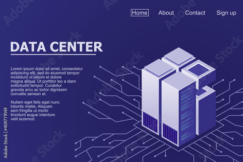 Isometric servers vector design. Isometric Data center. Data center landing page. Vector illustration