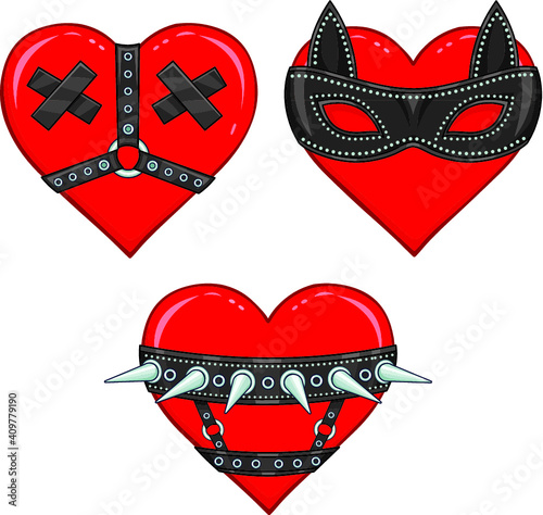 Set of funny animation hearts with erotic attributes. Vector illustration isolated on a white background. Valentine's Day card.