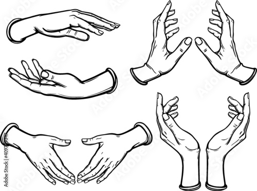 Set of images of human hands in different poses. Gesture of support, protection, care. Black contour without filling. Vector illustration isolated on a white background.