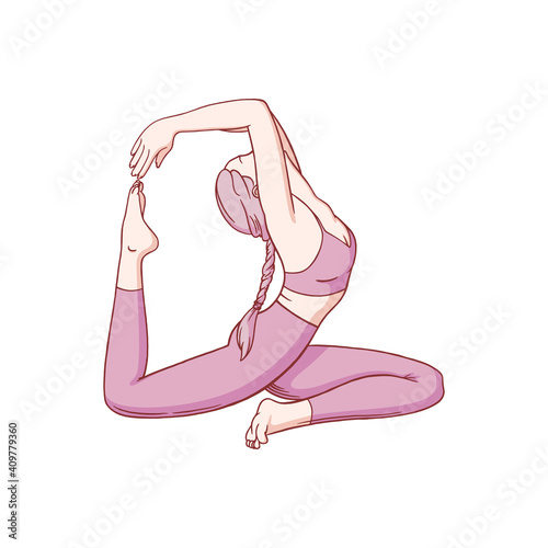 Hatha yoga stretching pose for flexibility. Woman practicing yoga pose. Colored sketch vector illustration isolated on white background