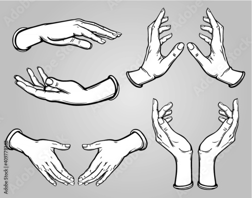 Set of images of human hands in different poses. Gesture of support, protection, care. Black contour, white filling. Vector illustration isolated on a gray background.