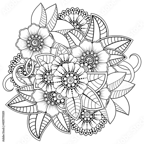 Square flowers in mehndi style. decoration in ethnic oriental  doodle ornament. outline hand draw illustration.  