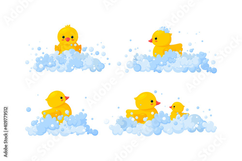 Rubber duck family in soap foam isolated in white background. Set of yellow plastic duck toys in suds, parent and baby. Vector illustration in cartoon style