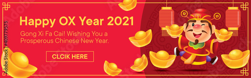 Year of the ox Chinese New Year with lantern Banner 2021. Cute God of wealth holding gold ingots with gold ingots falling down