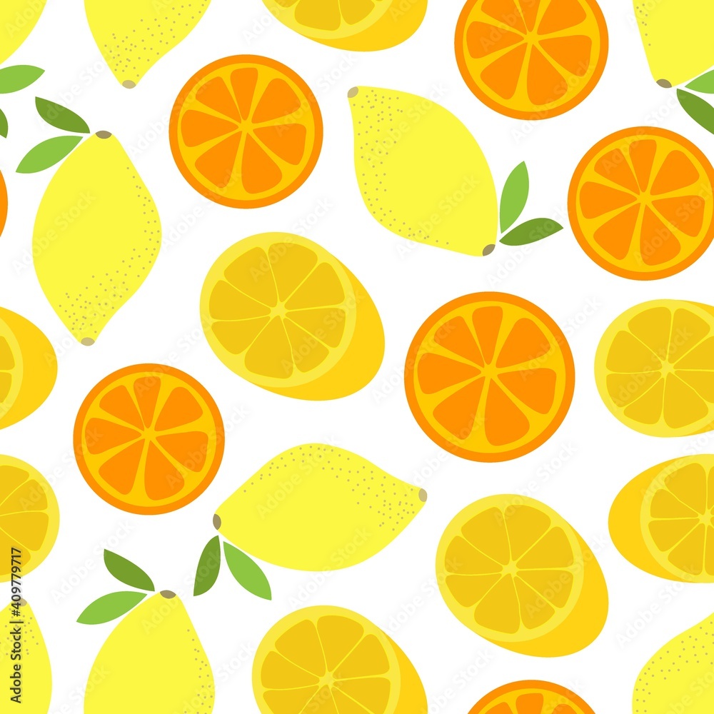 Citrus fruit vector seamless pattern. Simoy oranges and lemons in the style of flat, carton, hand draw. Appetizing healthy juicy slices. Beautiful print for fabric, dishes, surfaces
