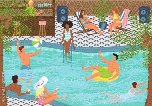Pool party concept vector illustration. People enjoy summer vacation at poolside. Happy people swim in swiming pool in holiday resort. Hand drawn poll party poster