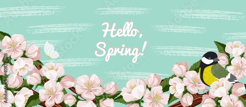 Spring season flower background. Cherry sakura blossom vector poster