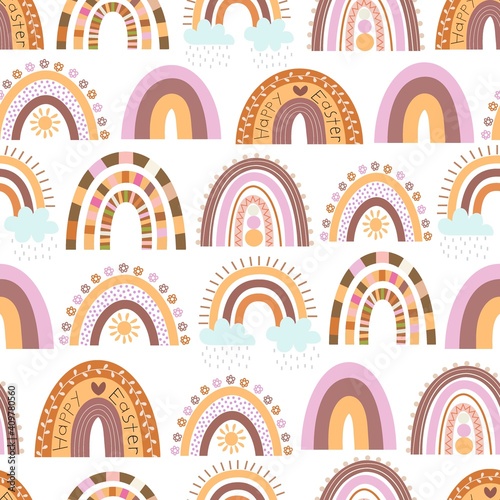 Cute vector seamless rainbow pattern. Print on theme of Easter, spring, summer, nature. Beautiful fashionable packaging, print for fabric, postcard, cover, banner, poster. Use in printing and textiles