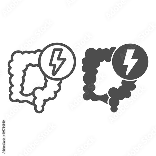 Pain in the intestines line and solid icon, Diet concept, human organ and lightning sign on white background, Intestinal pain medical problem icon in outline style for mobile and web. Vector graphics.