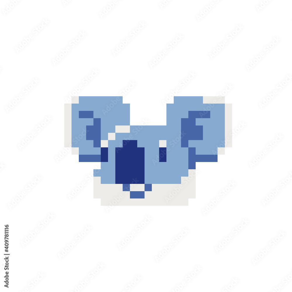 Koala head. Pixel art icon. Stickers design. Isolated vector illustration.