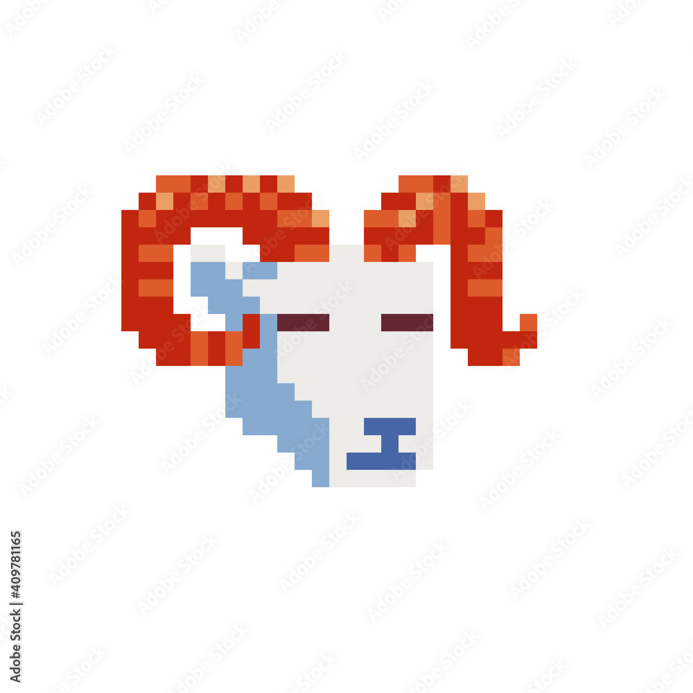Ram head. Pixel art icon. Isolated vector illustration. Design elements for logo farm, sticker and mobile application. Ram head. Pixel art icon. Isolated vector illustration. Design elements for logo farm, sticker and mobile application.